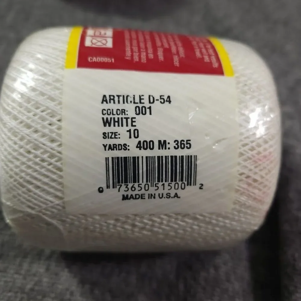 2 Crochet Thread South Maid 100% Mercerised COTTON #D-54 Color 001 WHITE Size 10